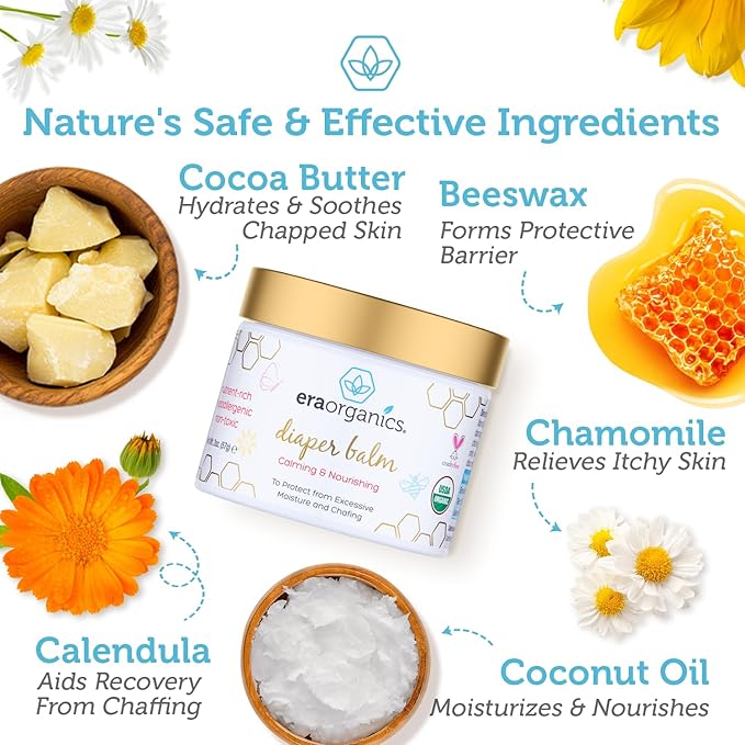 Era Organics Baby Diaper Balm - USDA Organic Ointment Cream Extra Soothing and Nourishing for Dry, Sensitive Skin - All Natural to Help Excess Moisture, Rash or Chafing