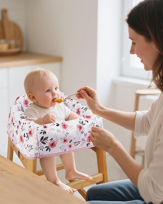 Baby High Chair Cover Restaurant with Strap Pads & 3-Point Harness, Machine Washable, Waterproof Portable Highchair Covers for Eating, Travel, Home Use - Fits Wooden Chairs, Pink Flowers
