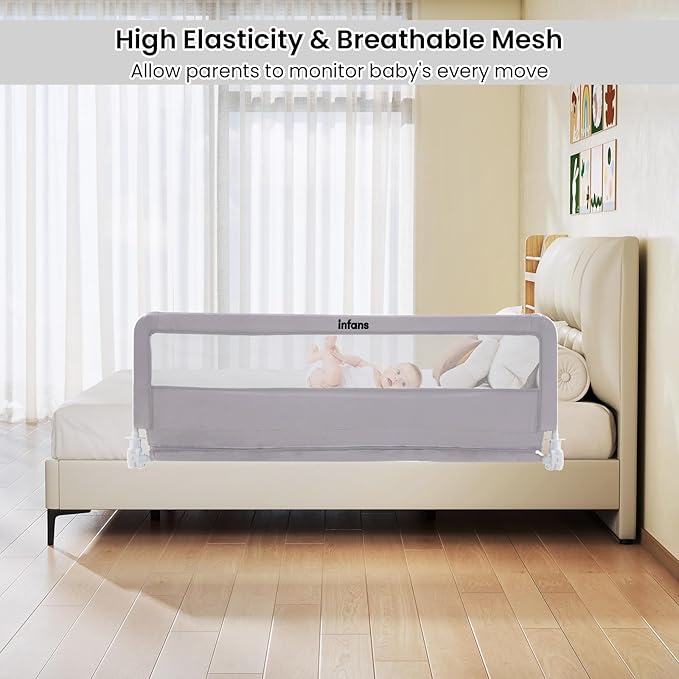 INFANS Bed Rail for Toddlers, 59" Foldable Safety Baby Crib Rail Fit for Kids Twin, Extra Long Swing Down Bed Guardrail for Convertible Crib, Queen, Full, King Mattress Side Guard (Light Gray)
