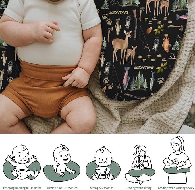 Fishing Hunting Life Baby Nursing Pillow Covers for Boy Deer Bass Fish Animal Nursing Slipcovers for Breastfeeding Pillows Nature Lover Gift Soft Stretchy Removable Cover for Newborn Infant