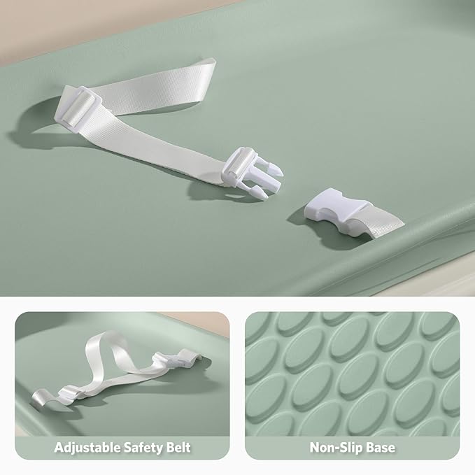 Baby Changing Pad Waterproof in EVA Foam, Baby Changing Mat Wipeable Baby Changing Table Pad, Adjustable Safety Belt & Non-Slip Base, for Diaper Changes & Massage, Fits Dresser/Changing Table - Sage