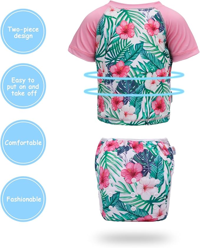 ALVABABY Baby Girl Swimsuit, 2-Piece Infant Toddler Bathing Short Sleeve Swimwear, Small Baby Reusable Swim Diaper with Matching Top
