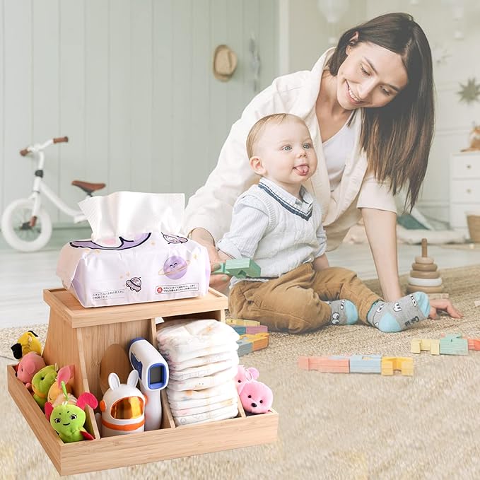 Wooden Baby Diaper Cabby Organizer, 360 Degrees Rotating Bamboo Cabby Storage with Removable Divides, Nursery Diaper Organizer