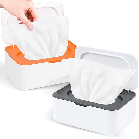2Pcs Wipe Dispenser, Reusable Baby Wipe Holder Refillable Wipes Container, Easy Open & Close Wipes Pouch Case with Lid for Bathroom Baby Nursery Kitchen Office Travel (Orange/Gray)