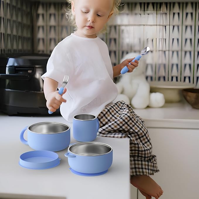 Bakpoco Kids Dinnerware Set - 6 Piese Toddler Plates and Suction Bowls Set with Kids Utensils&Cup, 2 IN 1 Stainless Steel & Silicone Baby Self Feeding Supplies, Blue