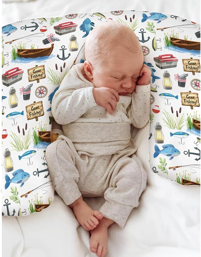 Gone Fishing Baby Nursing Pillow Covers for Boy Girl Fishing Lover Gift Nursing Slipcovers for Breastfeeding Pillows Soft Stretchy Vacation Outdoor Adventure Removable Cover for Newborn Infant