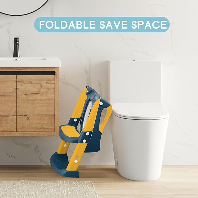 COOSEYA Potty Training Toilet with Step Stool Ladder, Toddler Kids Potty Training Seat for Boys Girls, Foldable Anti-Slip Toilet Toddler Seat Splash Guard Soft Cushion Safety Handles (Blue Yellow)