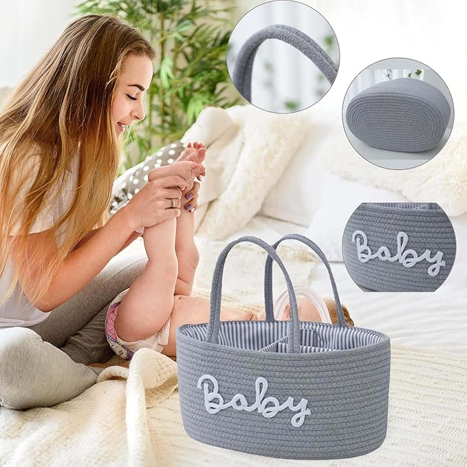 Diaper Caddy Organizer for Changing Table, Cotton Rope Baby Storage Basket for Diaper Wipes, Car Caddy Organizer, Nursery Diaper Organizer With Divider, Portable Diaper Storage -Light Grey