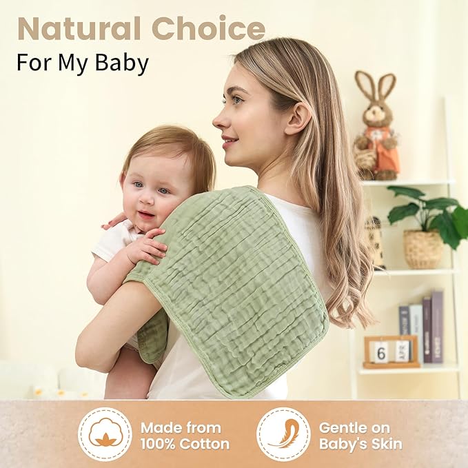 Muslin Burp Cloths Sets Newborn Baby Boy Essentials Must Haves 100% Cotton 10 Pack 20" X 10",6-Layer Baby Bibs & Burp Cloths for Baby Drool and Messes - Soft (GREEN06, 10 - Pack 20"X10")