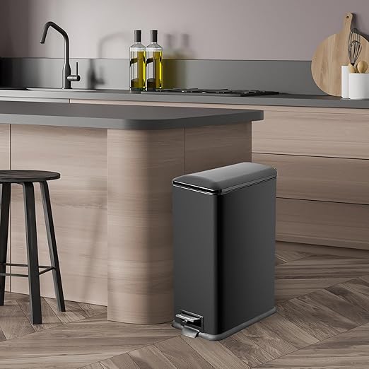 12 Gallon Kitchen Trash Can, Stainless Steel Trash Can with Removal Inner Bucket and Soft-Close Lid, Foot Pedal Trash Bin for Home Office, Narrow Place, 45 Liter, Shiny Black