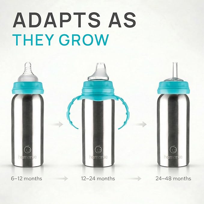 3-in-1 Stainless Steel Newborn Baby Bottle – Grows into Sippy and Straw Cup, Leak-Proof Insulated, Ages 0–4, 6 oz Teal