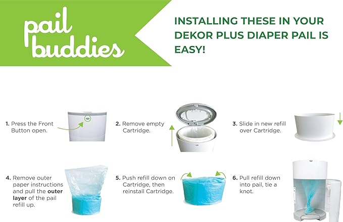 Pail Buddies Diaper Pail Refills | 6 Count Value Pack Holds 3,600 Diapers | Compatible with Dekor Plus Diaper Pail | Strong, Durable Refill Bags with Odor Eliminating Fresh Baby Powder Scent