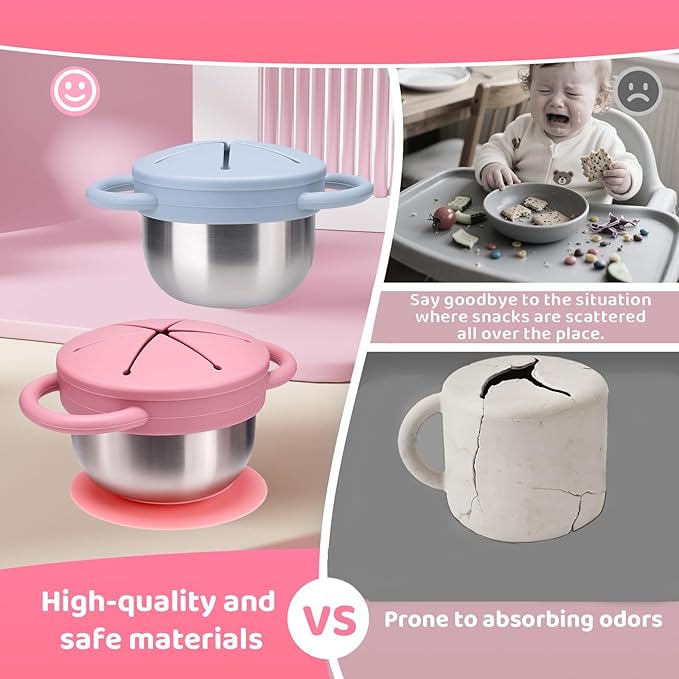 Palksky Toddler Snack Cups Stainless Steel for Kids, 2 Pack 5-in-1 Snackle Containers with Spill-Proof Silicone Lids,Handles,Suction Base,Anti-Loss Tether, Baby Snack Box No-Spill for On-the-Go,Travel
