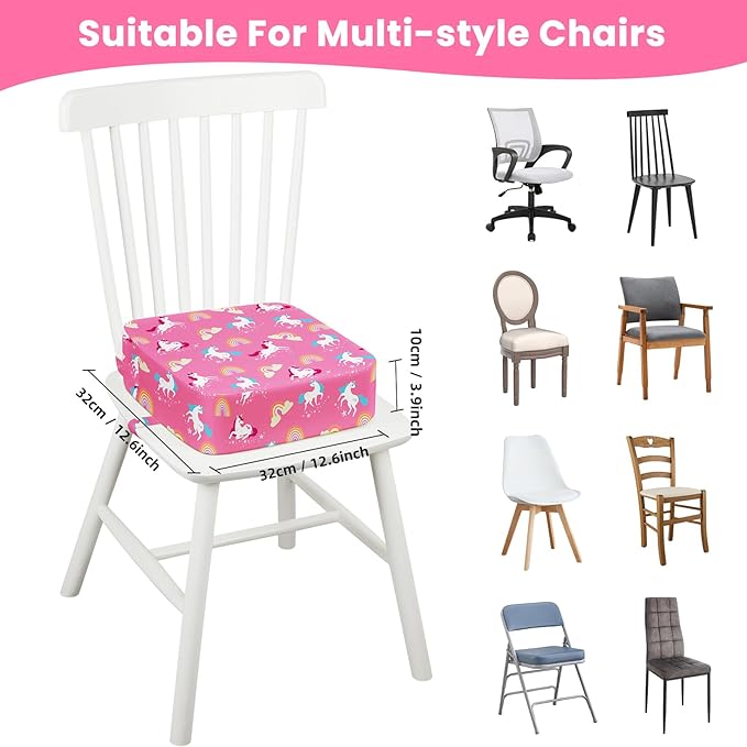 Toddler Booster Seat for Dining Table Kitchen Chair, Kids Booster Seat with Non-Slip Bottom and Adjustable Straps, 4" Detachable Washable Portable Travel Increasing Cushion (Pink Unicorn)