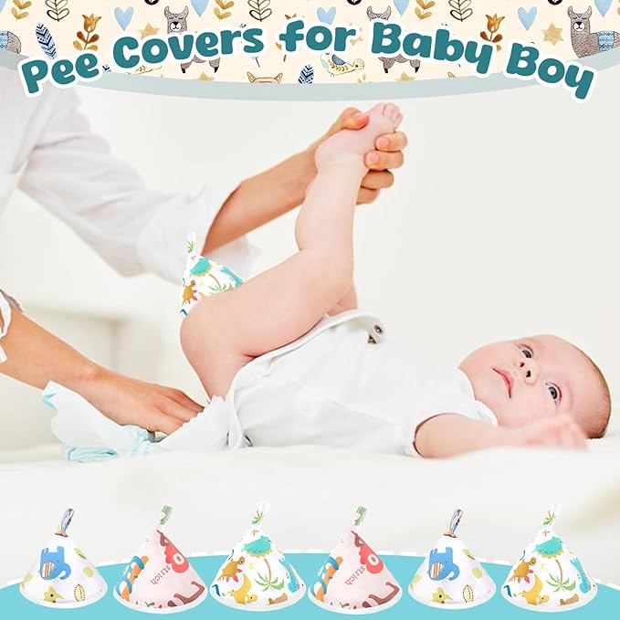 6 Pcs Pee Covers for Baby Boys, Reusable Flannel Peepeeteepe Baby Boy with Hanging Loop, Strong Absorbent Pee Shield Pee Tent for Diaper Changes(6Pcs-Animal)