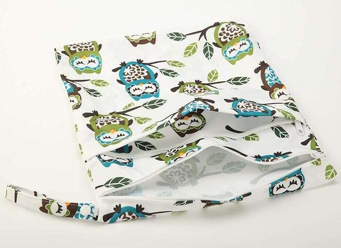 2 Wet Bags Reusable Diaper Nappy Waterproof With Two Zippered Pockets (Owl and Foliage)