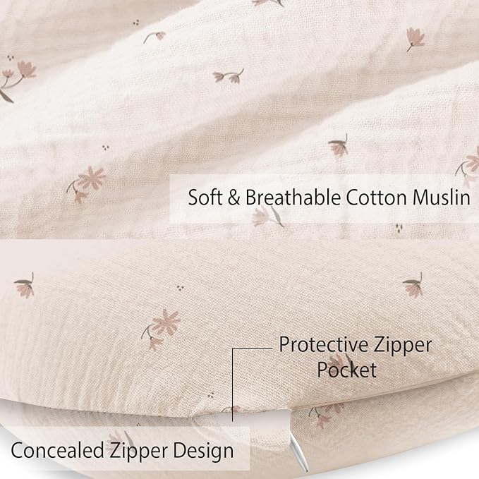 Little Grape Land Muslin Nursing Pillow Covers 2 Pack, 100% Cotton Removable Breastfeeding Pillow Covers, Feeding Pillow Slipcovers for Baby Boys & Girls, (Fog Flower & Rosy)