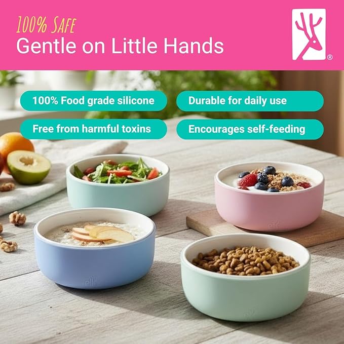 Elk and Friends Kids Porcelain Bowls with Silicone Sleeves | Suitable for Babies/Toddlers | Microwave & Dishwasher Safe | Non Slip Dinnerware | Snack Dishes | 4 Pack