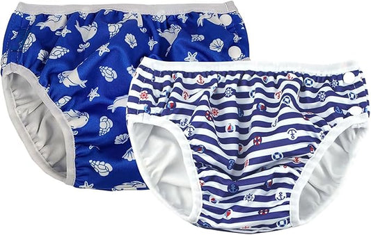 Baby Kids Swim Nappies Cover Diaper Swimming Trunks Middle-Waisted Swimming Training Pants (12-18 Months, Blue+Navy)