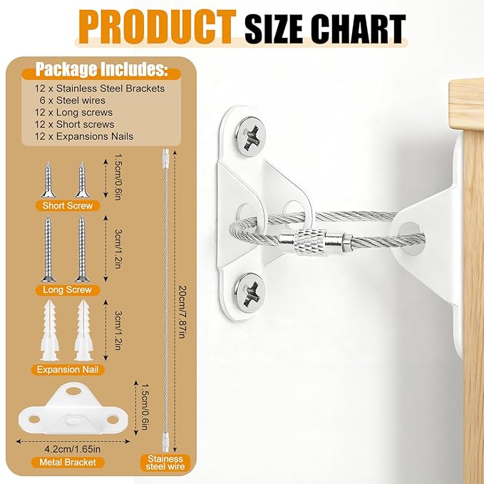 6-Pack Furniture Anchors for Baby Proofing, Anti Tip Straps Safety Kit to Prevent Dresser, Bookshelf, Cabinet from Tipping Over for Child & Pet Safety (White)