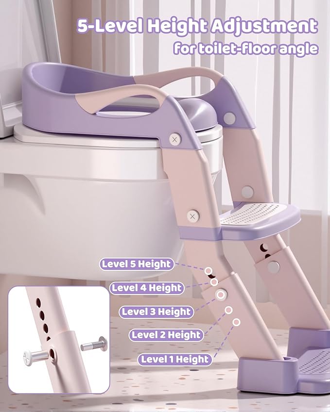 3-in-1 Potty Training Seat & Training Toilet & Potty Chair, Height AdjustableToddler Toilet Seat for Kids, Foldable Potty Training Toilet with Splash Guard & Anti-Slip Steps (Purple)