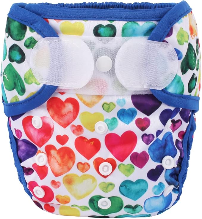 Baby Cloth Diaper Cover Nappy Hook and Loop Double Gusset 6.6lbs to 33lbs (Raibow Hearts Blue), 1 Count