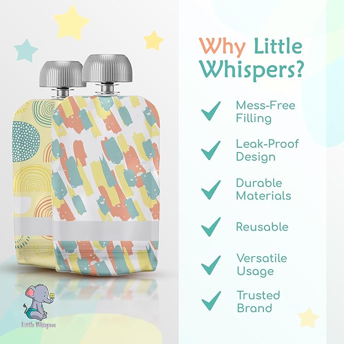 LittleWhispers Reusable Baby Food Pouches - Refillable with Applesauce, Yogurt, Fruit Puree, Smoothie - 10 Pack - Toddler & Kids Squeeze Pouch