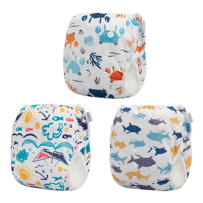 Babygoal Swim Diapers 3 Pack for 8M-3T Babies and Toddlers, Reusable Adjustable Washable for Baby Girl and Boy Swimming Lessons-Crab,Shark