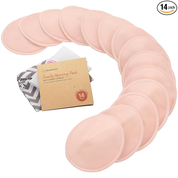 Organic Nursing Pads - 14 Washable Breast Pads for Breastfeeding, Wash Bag, Viscose Derived from Bamboo Reusable Nipple Covers for Breastfeeding Essentials, Soft & Absorbent(Pink Sand, L 5")