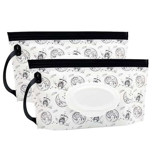 Portable Refillable Wet Wipe Pouch, Reusable Travel Wipes Holder & Case, Lightweight Flushable Diaper Wipes Container for Baby (Moon Girl)