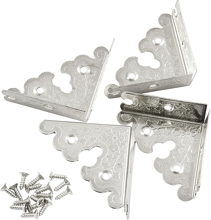 4Pcs Retro Style Decorative Corner Protectors Triangle Vintage Corner Guards with Mounting Nails for Jewelry Box Gift Box Wooden Case(1.33 x1.33 inch,Silver)