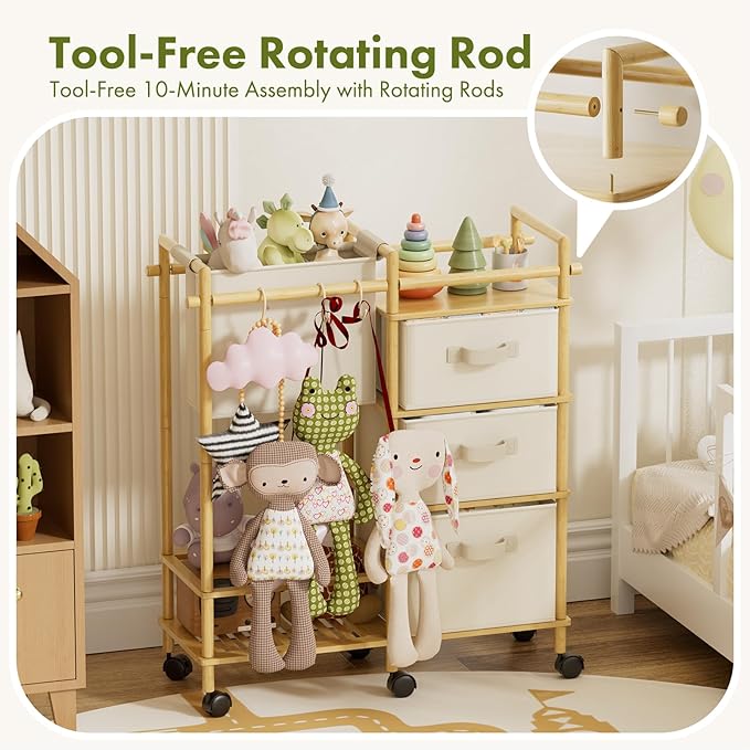 Solid Bamboo Baby Diaper Caddy Cart, Diaper Cart Organizer with Wheels, Mobile Multi-Functional Small Baby Care Station, Store All baby Supplies，for Nursery, Changing Table and Crib