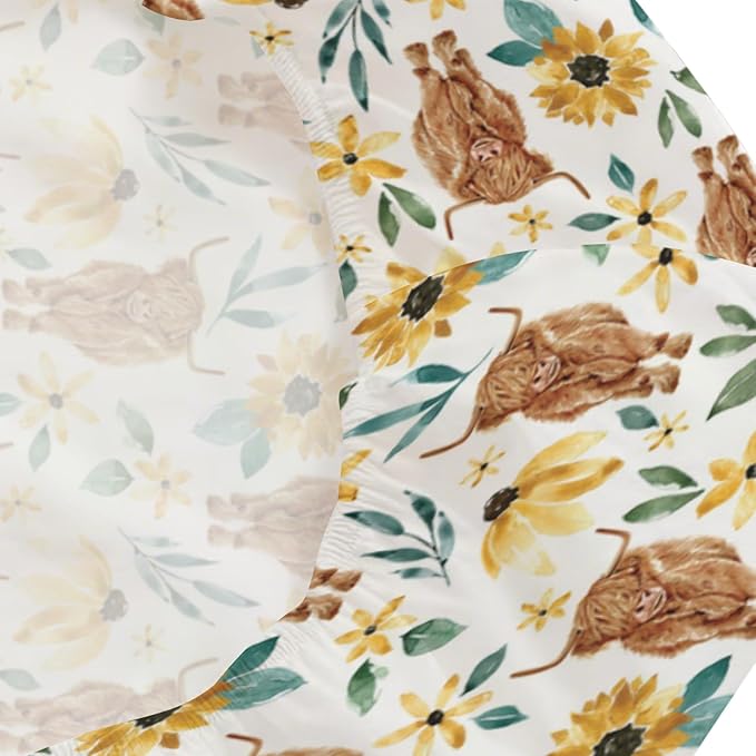Changing Pad Cover for Baby Girls, 32"/34" x 16" Safe Snug Diaper Change Table Pad Covers, Soft Stretchy Changing Pad Sheets Highland Cow Sunflower Theme Nursery Decor