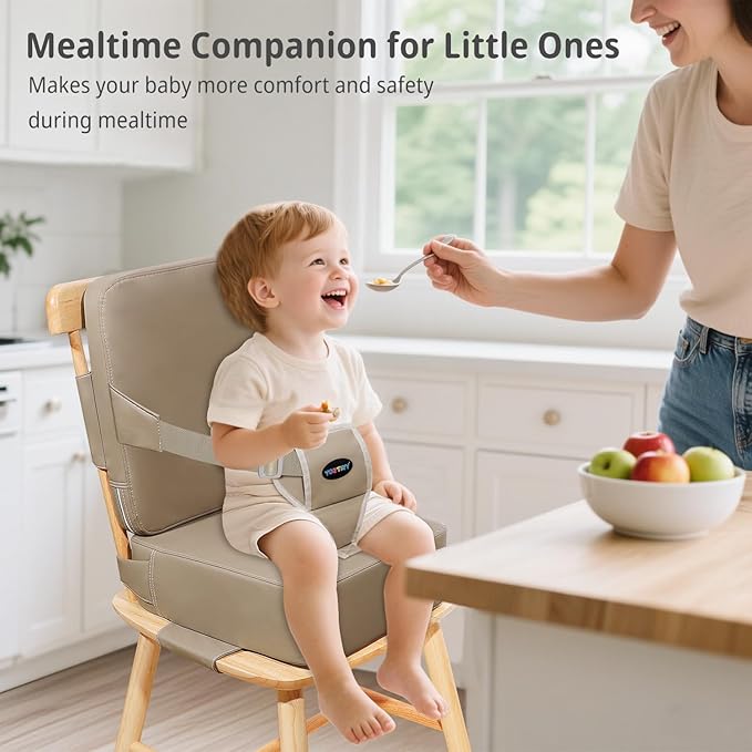 Toddler Booster Seat for Kitchen Chair with Removable Backrest & Adjustable Straps, PU Portable Waterproof & Non-Slip Booster Seat for Dining Table, Travel Child Eating Cushion - Dark Coffee
