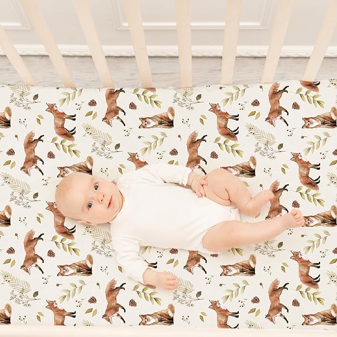 BROLEX Baby Fitted Crib Sheets: Kid Crib Sheets - Set of 2 for Toddler Standard Size Crib Mattress for Boys and Girls - Jersey Knit Crib Bed Sheets Fox&Foliage