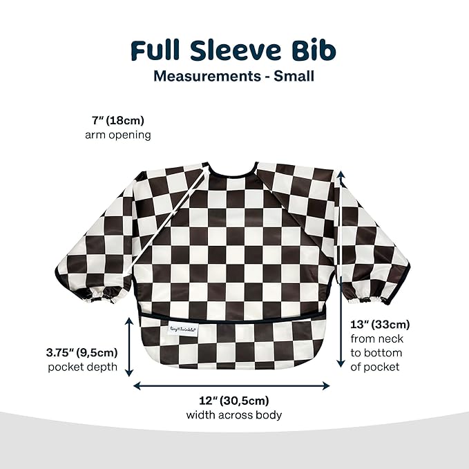 Tiny Twinkle Long Sleeve Bib for Babies & Toddlers | 2-Pack Waterproof Smock Bib for Eating | Machine Washable & Mess-Proof Feeding Essentials | Newborn Shower Gift (Black,Sage Checkers, 6-24M)