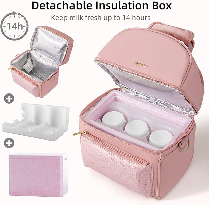 SUNVENO Breast Milk Cooler Bag with Detachable Insulation Box, Double-Layer Pumping Travel Bag for Work & Daycare, Fits Bottles, Ice Packs and Pump Parts,Pink