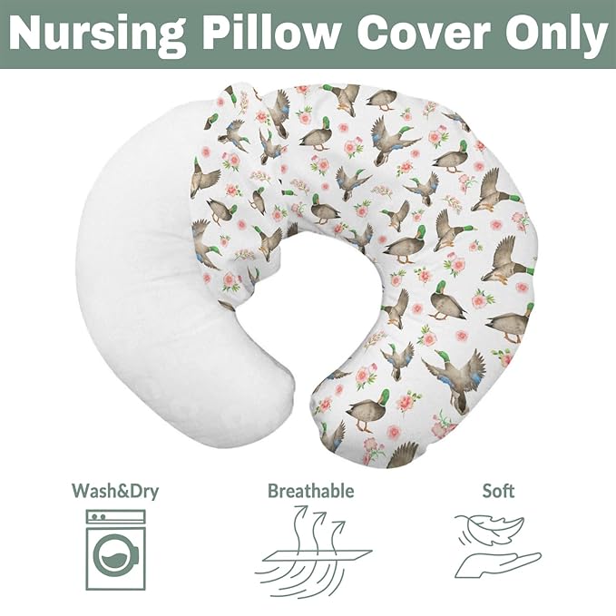 Mallard Ducks Boho Floral Baby Nursing Pillow Covers for Boy Girl Green Duck Spring Nursery Pillowcase for Breastfeeding Pillows Wild Duck Hunting Soft Stretchy Slipcovers for Newborn Infant