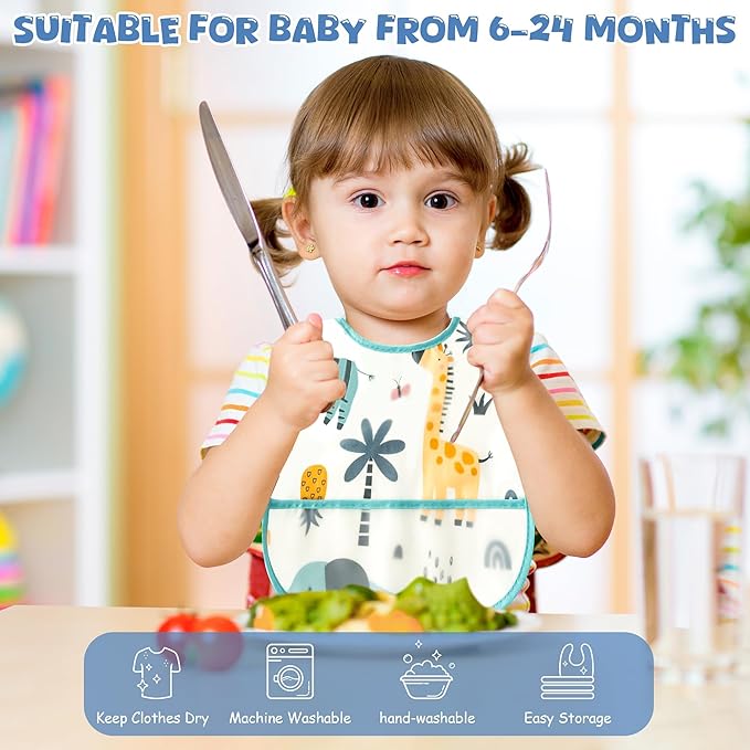 6Pcs Baby Bibs for Feeding Toddler Eating Bibs with Crumb Catcher Pocket Waterproof Sleeveless Teething Plastic Food Bib Set Adjustable Infant Keepsake Gift for Boys Baby Shower, 6-24 Months