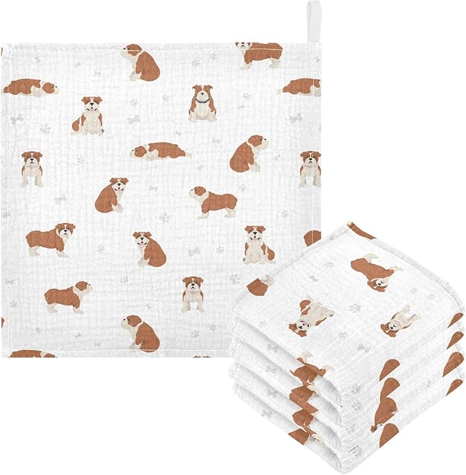 vvfelixl Baby Cotton Washcloths English Bulldog Infants Bath Towel for Unisex Puppy Face Towels for Newborn, Natural Baby Wipes Delicate Skin, 11.8 X 11.8 inch, one sizex5