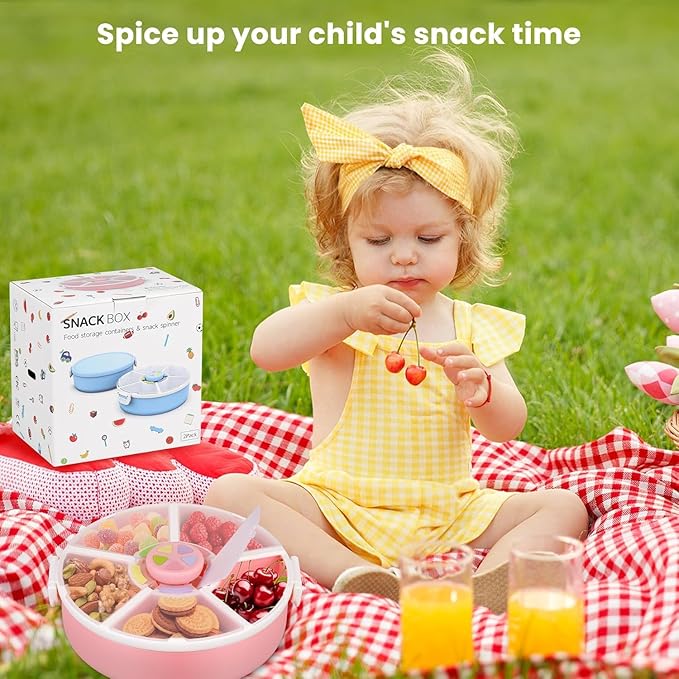 Pawtong Snack Rotator Container Reusable Snack Box with 5 Compartment Dispenser and Lid, Color Matching Opening Lid, BPA and PVC Free, for Home, School, Travel (1 Pack- Pink)