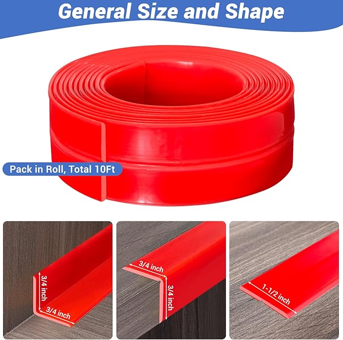 Wall Corner Protector, Peel and Stick Wall Corner Trim, Flexible Rubber Molding Wall Corner Guard, L Shaped Self Adhesive Edge Protector Moulding Trim for Wall Edge Ceiling, Red, 3/4in,10Ft