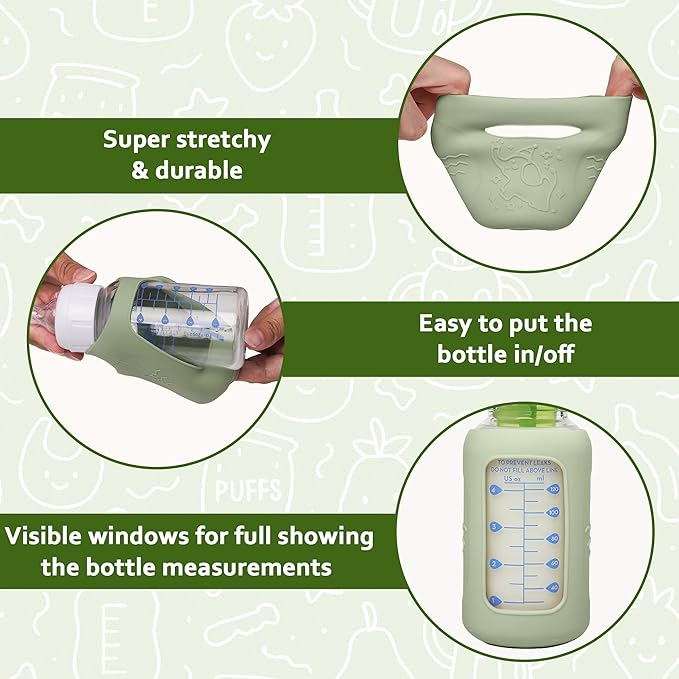 KingKam 4 Pack Silicone Sleeves for Dr. Brown's Glass Baby Bottles, Anti Breakage Baby Bottle Sleeves Holder, Compatible with Dr. Brown's Anti-Colic Options+ Narrow Glass Baby Bottles, 4 oz/120 mL