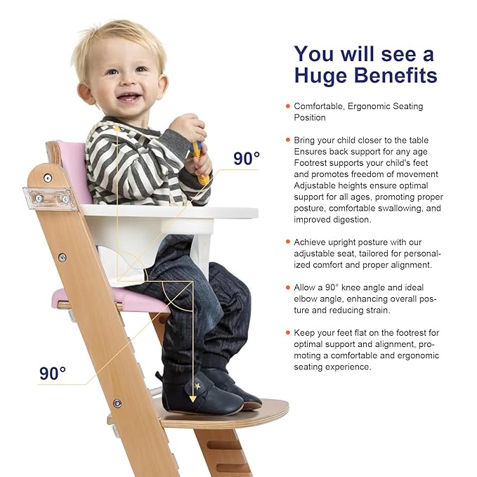 Cowiewie Natural Wooden High Chair for Babies & Toddlers 3-Tier Remove Adjustable Tray and Highchair with Cushions, Easy to Clean, Portable. (Pink)