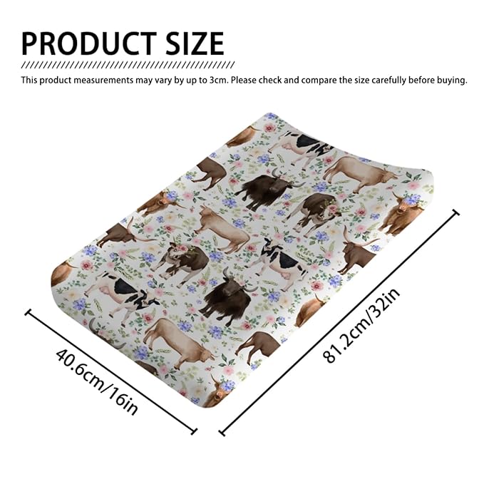 Cows Boho Retro Floral Changing Pad Cover Farmhouse Cows Cattles Yak Flowers Baby Diaper Change Table Sheets for Boys Girls Soft Stretchy Changing Table Mats Cover 32''x16''