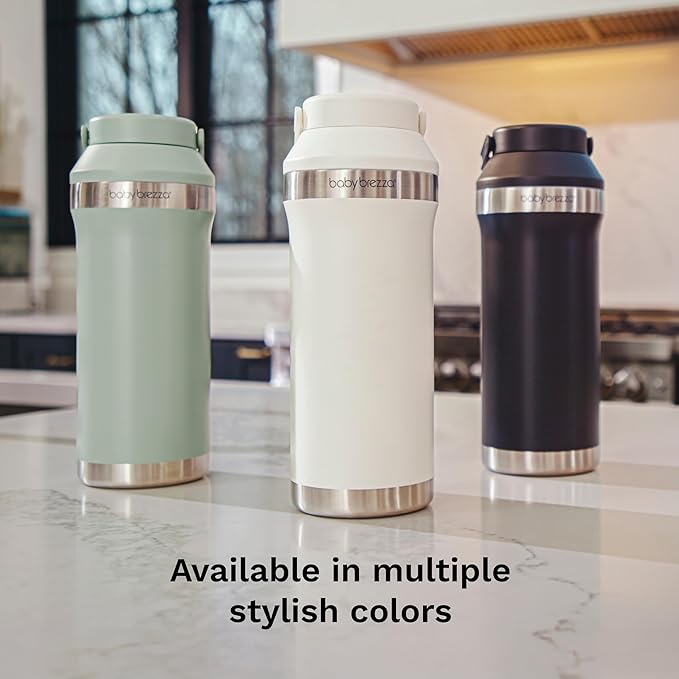 Baby Brezza All Day Portable Breastmilk Cooler, Large 20z Capacity, Insulated Travel Bottle Includes 2 Ice Packs + 2 Bottles, Soft White