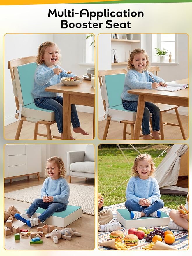 Toddler Booster Seat for Dining Table, Booster Seat for Kitchen Chair, Dining Seat with Adjustable Straps, Portable Travel Increasing Cushion for Chair (Green