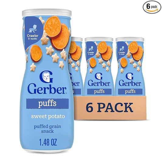 Gerber Stage 3 Baby Snacks, Sweet Potato Puffs, Puffed Grain Snack, Baby Led Feeding, Iron & Choline, Puffs Snacks for Babies, 6-Pack