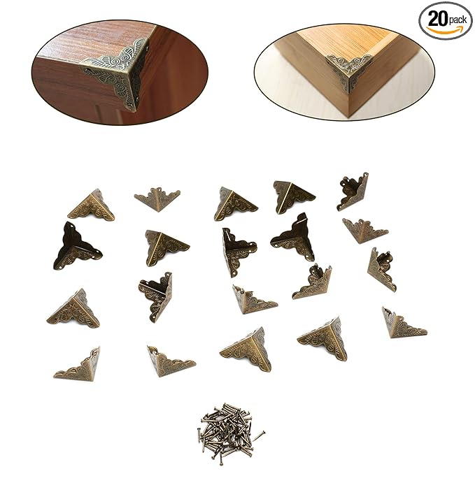 Box, Wooden Box, Photo Frame, Table and Chair, Cabinet, Metal Corner Furniture Safety Protector, Vintage Bronze, Set of 20(Contains Nails)