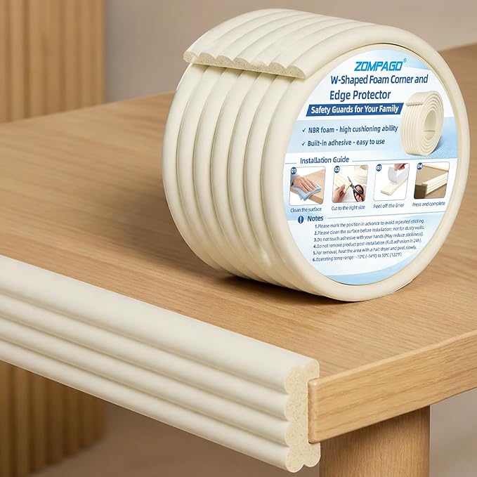 ZOMPAGO Baby Proofing Corner & Edge Protectors, White Foam 0.35" Thick x 3.15" Wide x 6.56 FT, Self-Adhesive Bumper Strip, Baby Safety Bumpers for Nursery, Kitchen, Fireplace, Table & Furniture